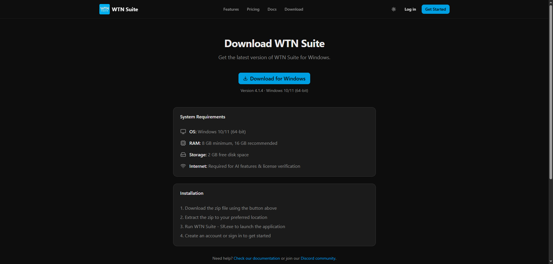 Screenshot: WTN Suite download page
