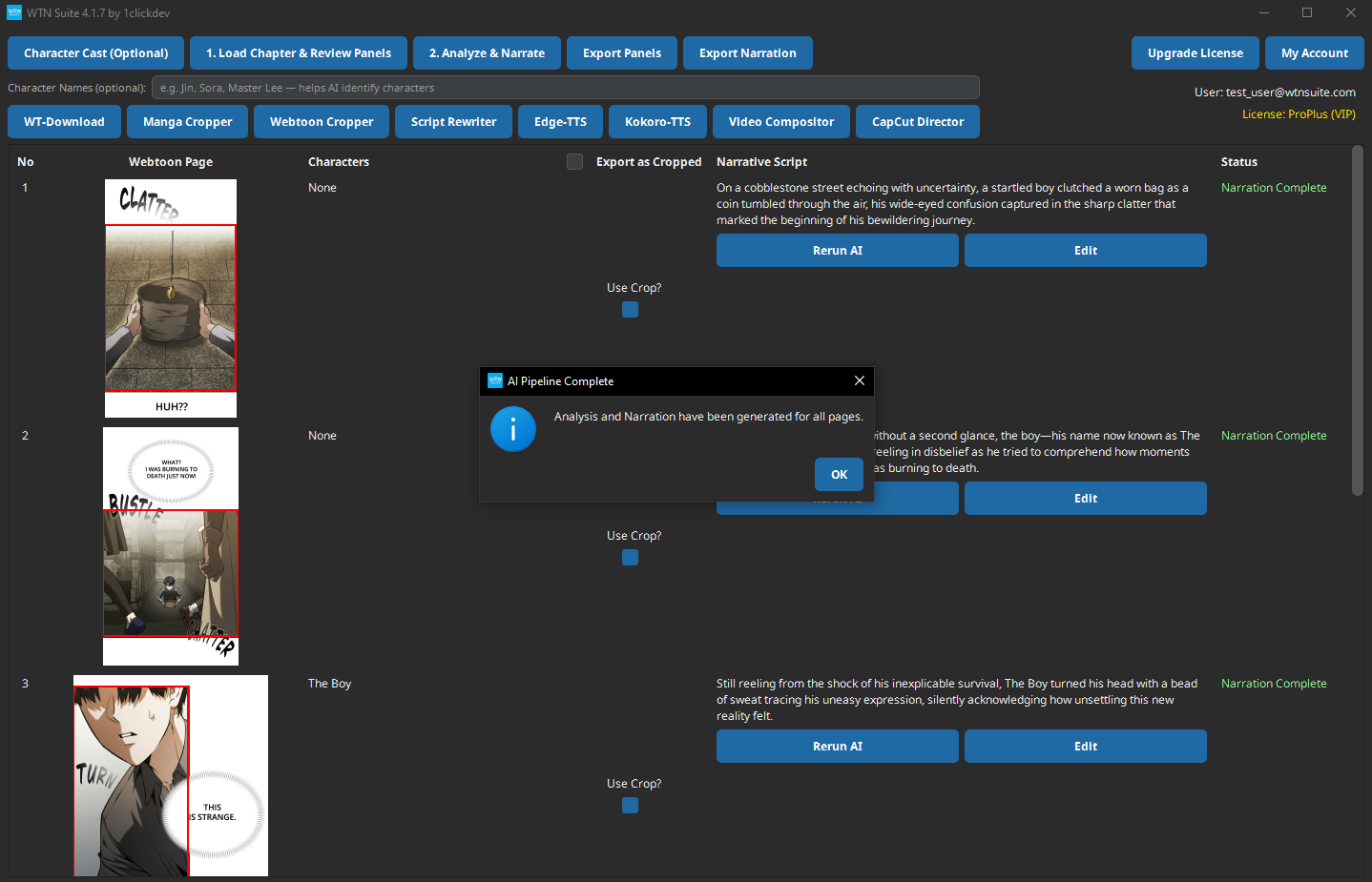Screenshot: The narrative column filled with generated narration text