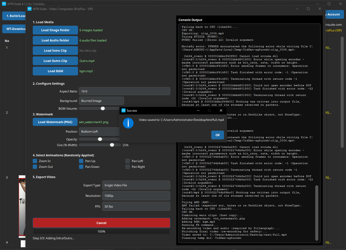 Screenshot: Finished video output from WTN Suite