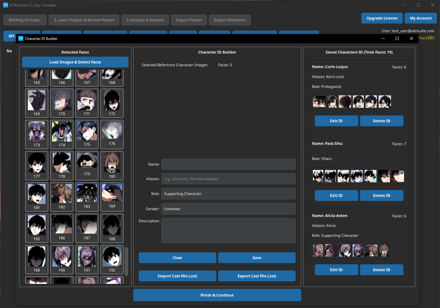 Screenshot: Character Builder showing detected faces, builder, and saved characters