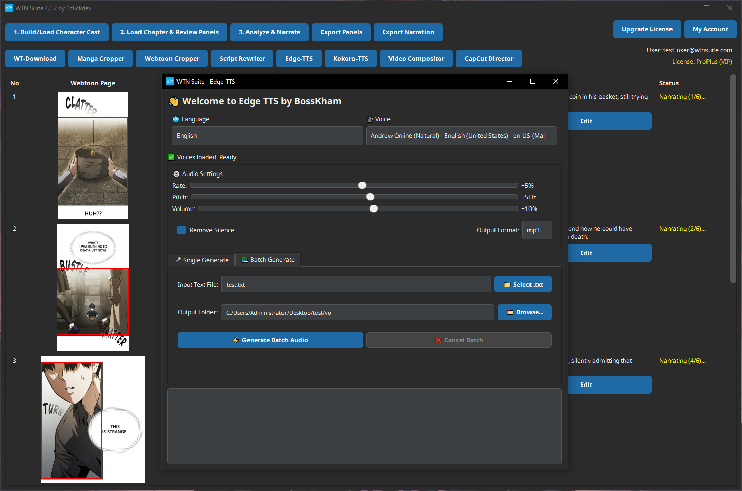 Screenshot: Edge-TTS interface with text loaded and voice selected