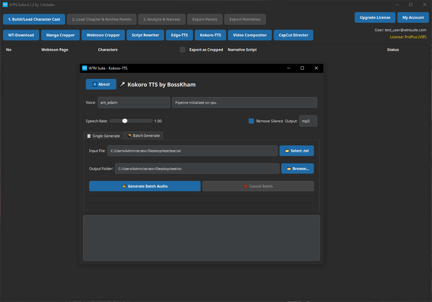 Screenshot: Kokoro-TTS interface with text and voice settings