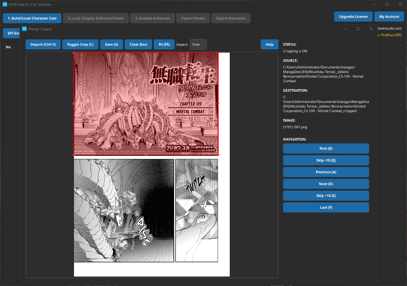 Screenshot: Manga Cropper with a page loaded and crop boxes drawn