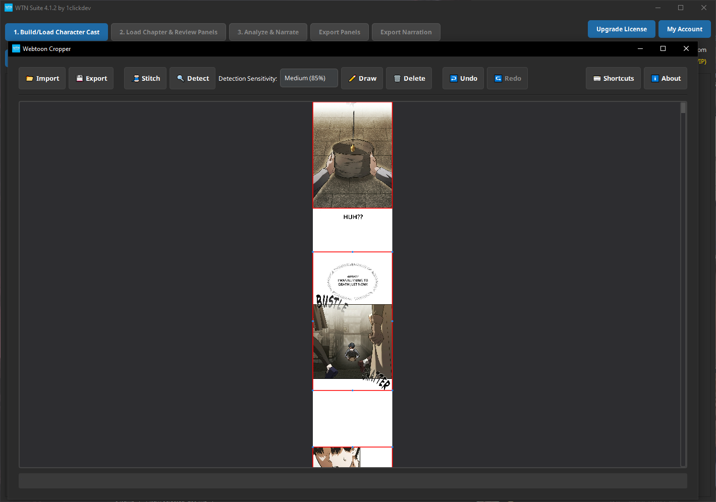 Screenshot: Webtoon Cropper with a vertical strip loaded and horizontal cut lines drawn